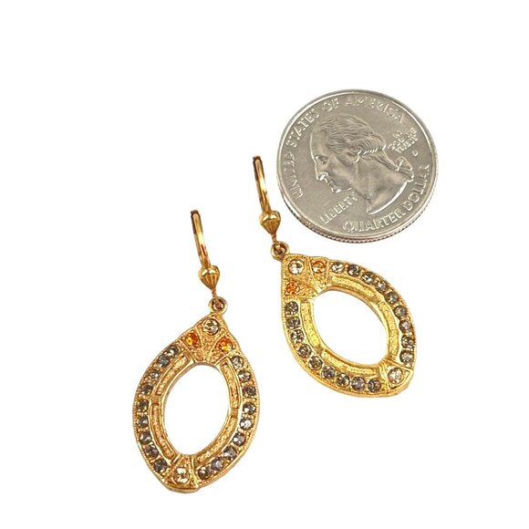 Vintage Gold Tone Dangling Earrings With Rhinestones & Oval Cutouts - 1.5" Long - Picture 4 of 6